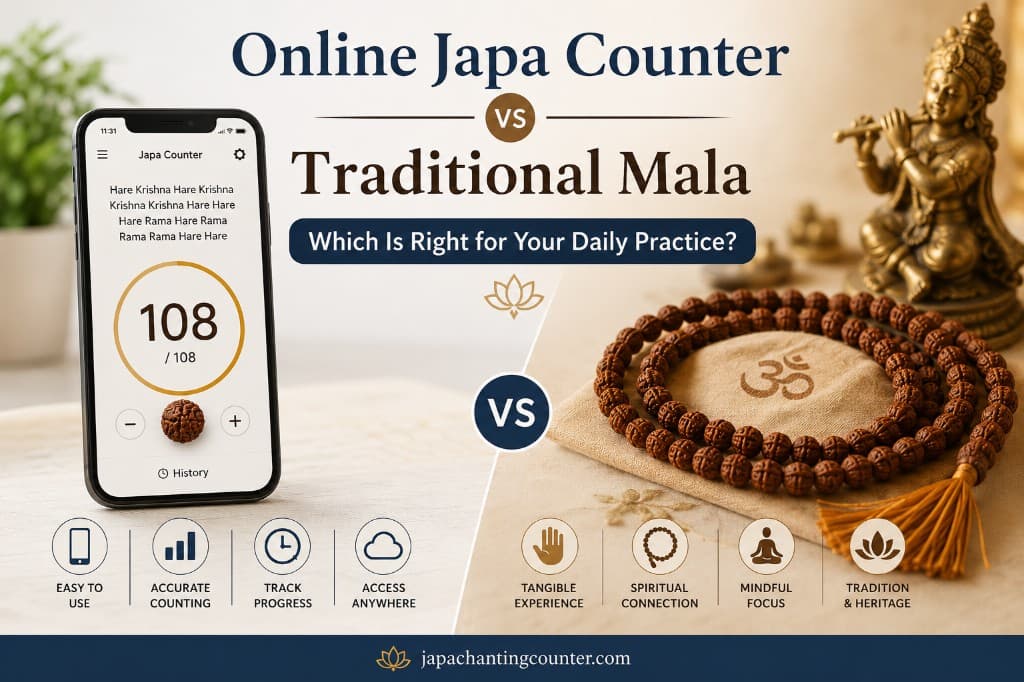 Online japa counter vs traditional mala — side-by-side comparison for daily chanting practice